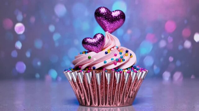 Luxurious pink cupcake featuring heart shaped sprinkles, decorated with vibrant colorful toppings and elegant purple embellishments against soft bokeh background