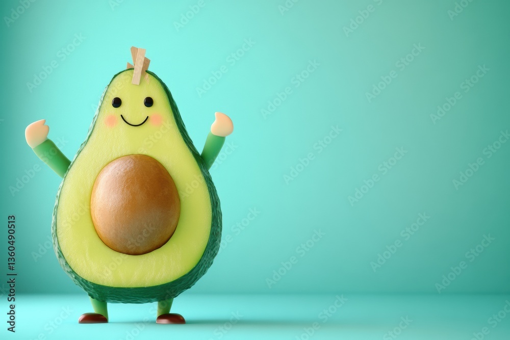 Poster humorous cartoon avocado with a grocery bag in a playful pastel setting adds charm and whimsy to eve