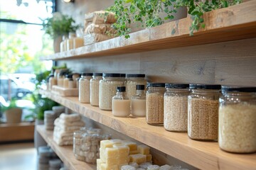 Glass jars containing rice, grains, and other sustainable products sit on wooden shelves in a zero waste shop, promoting eco-conscious consumerism