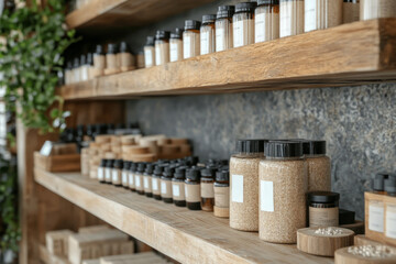 Wooden shelves displaying various jars and bottles of natural products in a zero waste shop
