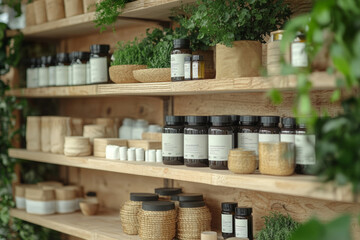 Various sustainable beauty products and house plants displayed on wooden shelves, promoting eco-conscious consumerism