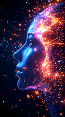 Obraz premium Glowing head, energy, sparks, dark background
