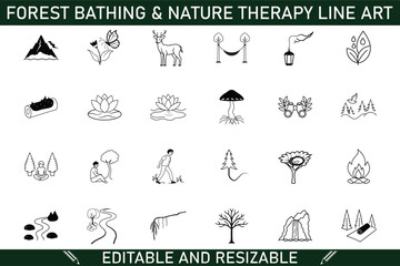 Forest Bathing Nature Therapy Line Art Icons Editable Set