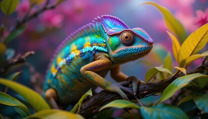 Fototapeta premium Vibrant Chameleon on Branch Surrounded by Colorful Leaves and Flowers