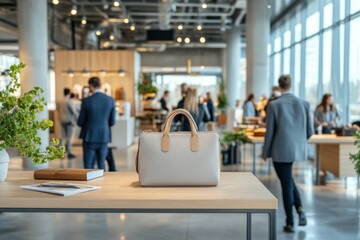 Modern retail space showcasing stylish handbag among busy shoppers during daytime