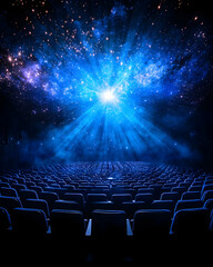 Obraz premium Glowing light shines over empty theater seats under starry sky background