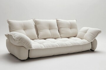 Fototapeta premium Modern beige sofa with multiple cushions offers a comfortable seating experience in a minimalist interior design setting