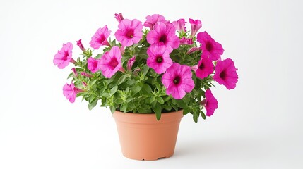 A pot of blooming pink petunias in a terracotta flower pot, against a white background, bright colors, high - resolution, plant photography