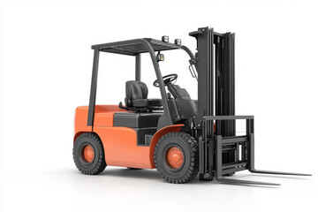 Orange forklift truck standing on a white background, ready for lifting operations in warehouse or logistics center
