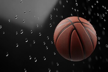 Fototapeta premium Red basketball on a black background with raindrops. Sports concept