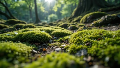 Tranquil Forest Scene with Green Moss and Sunlight Filtering Through Trees