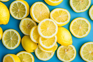 Sliced Lemons Blue Background Flatlay.
