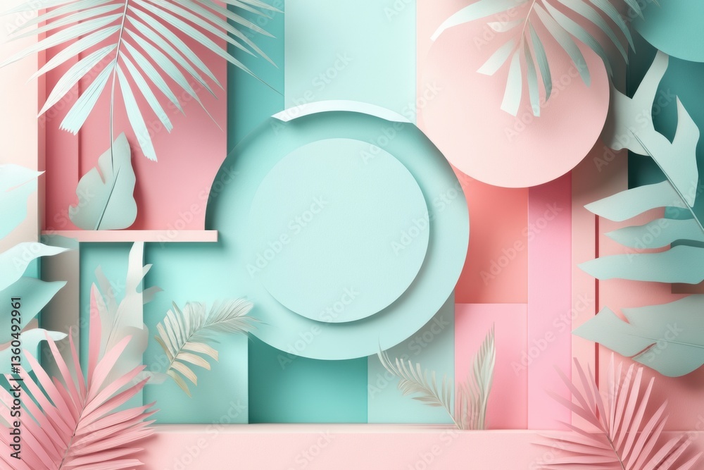 Poster Stylish abstract paper cut background featuring layered geometric shapes in soft pastel tones with deep shadows for modern design Generative AI