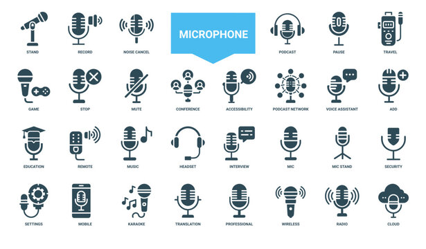 collection microphone icons functions applications audio recording communication, settings stop mute game