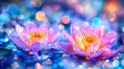 Obraz premium Glowing Water Lilies Bloom in Enchanted Pond