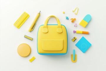 a cute school bag icon with colorful objects on a white background. The color palette is yellow and blue