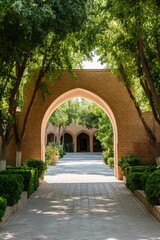 Fototapeta premium Explore a tranquil garden pathway leading to an elegant courtyard, framed by lush trees and classic brick archways in a serene outdoor setting