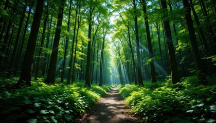 Fototapeta premium Serene Sunlit Pathway Through Lush Green Forest in Morning Light