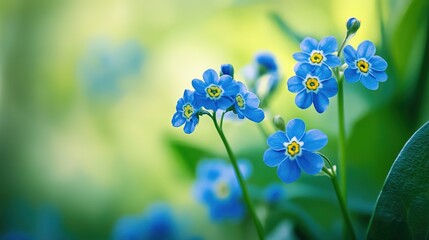 A bunch of small blue forget - me - not flowers with blurred light spots in the background, the main subject in sharp focus, soft natural light, macro photography style