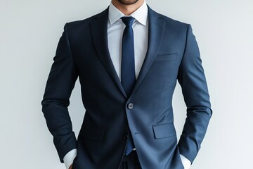 Confident businessman wearing an elegant suit and tie posing with hands in pockets