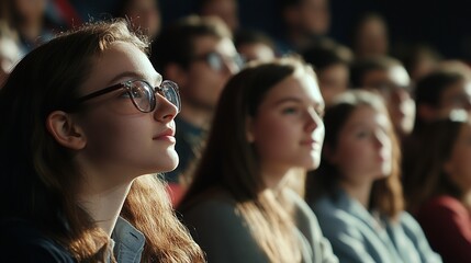Obraz premium A young woman sitting in a cinema seat, smiling, with blurred other audience members in the background, dim lighting