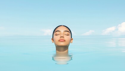 Serene Woman Floating Calm Ocean Sky.