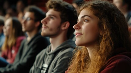 Obraz premium A young woman sitting in a cinema seat, smiling, with blurred other audience members in the background, dim lighting