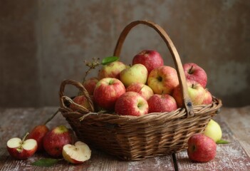 A Basket of Fresh Apples on a Wooden Table