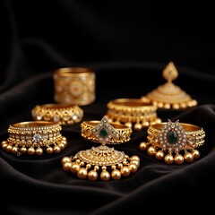 Luxurious still-life of traditional gold polki jewelry with ornate filigree on plush black elegance, generative ai