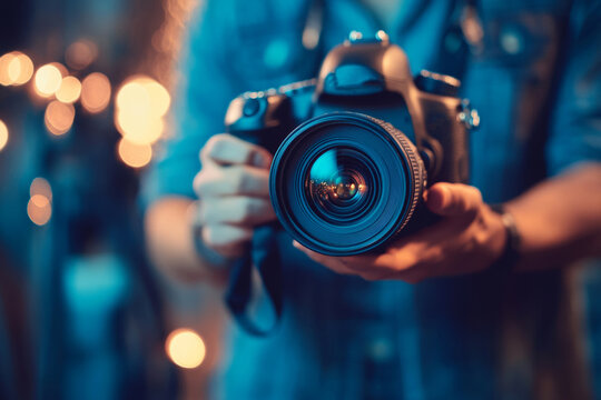 Photographer holding professional digital camera, capturing a night scene with beautiful bokeh effect