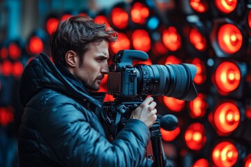 Professional videographer recording a scene with a pro camera and a red lights background