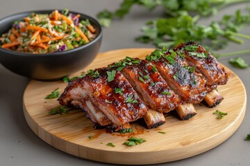 Savory barbecued ribs served on a wooden platter with fresh salad garnished with herbs