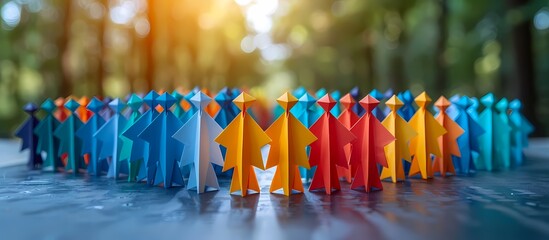 Colorful Origami Paper Figures Form Circle Outdoors Representing Unity