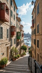 Fototapeta premium Charming Coastal Alleyway with Scenic View of Boats and Buildings