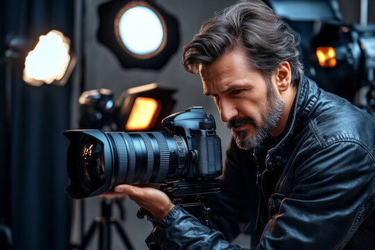 Photographer is holding a professional camera with a telephoto lens, adjusting settings in a studio environment with various lighting equipment