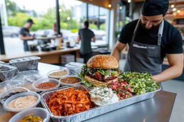 Obraz premium Chef prepares a large burger with a variety of fresh toppings in a vibrant kitchen setting during lunchtime