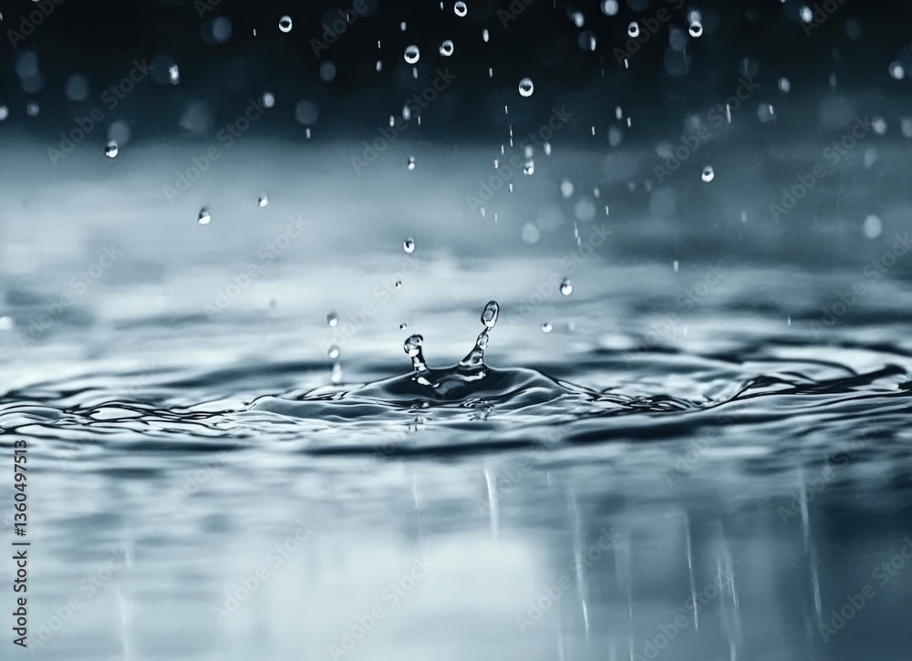 Poster raindrops falling on water surface creating ripples in grey tones