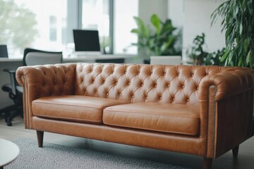 Elegant brown leather chesterfield sofa in modern office setting with greenery and contemporary furniture