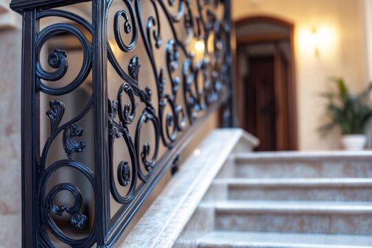 Ornate wrought iron railing adds a touch of elegance to marble staircase, creating a luxurious ambiance