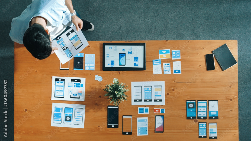 Poster top view of business man looking and choosing ux ui design at meeting room. skilled developer design