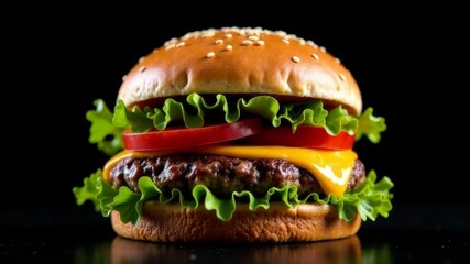 juicy burger on black background close up