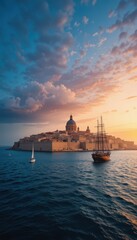 Naklejka premium Serene Sunset over Historic Cityscape with Sailboats on Water