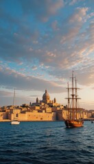 Fototapeta premium Scenic View of Historic City with Sailing Ship at Sunset