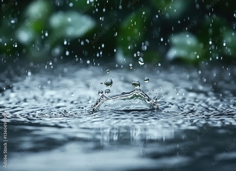 Poster Raindrops splashing on water surface creating ripples in grey tones