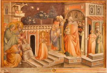 PRATO, ITALY - MARCH 15, 2025: The fresco of Presentation of Virgin Mary in Catedral  - Cattedrale di Santo Stefano by Agnolo Gaddi (1350-1396).