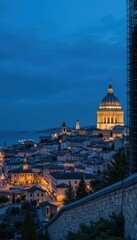 Beautiful Cityscape at Dusk with Illuminated Buildings and Dome