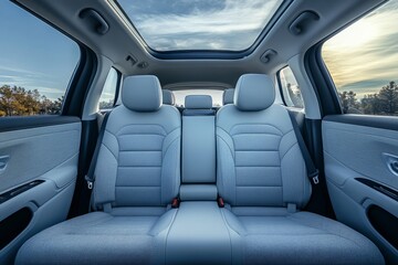 Modern car interior showing empty back seats with open sunroof, grey upholstery and seatbelts