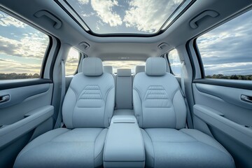 Modern car interior showcasing comfortable seats, open sunroof revealing cloudy sky, creating inviting atmosphere for passengers
