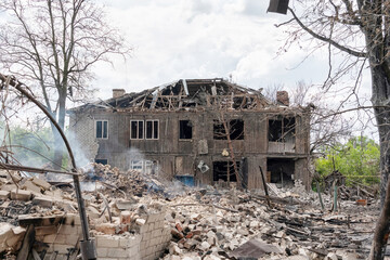 Several multi-storey residential buildings destroyed after shelling by the Russian army in the city of Toretsk