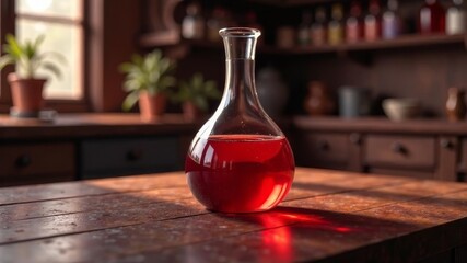 flask with red liquid on the table